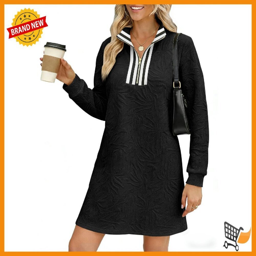 Casual Mini Sweater Dress Long Sleeve Quarter Zip V Neck Stretchy